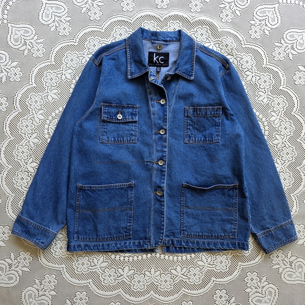 Vintage 90s Denim Chore Coat Sz L Blue Barn Coat Pockets Fall Autumn Cottagecore